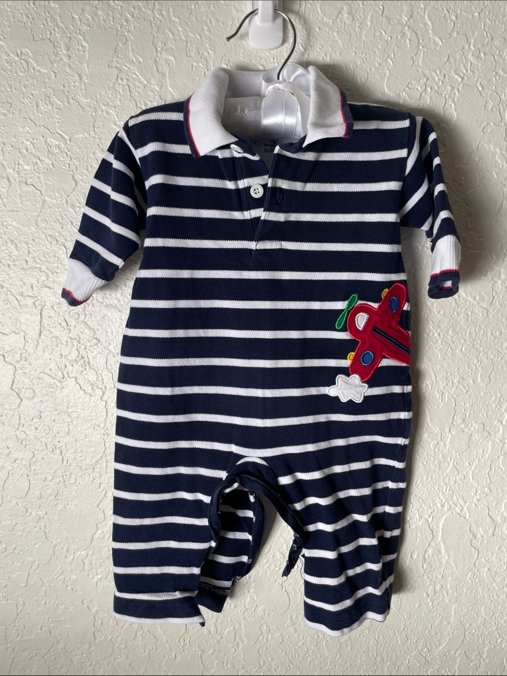 Florence Eiseman Navy and White Striped One-Piece with Red Airplane Patch